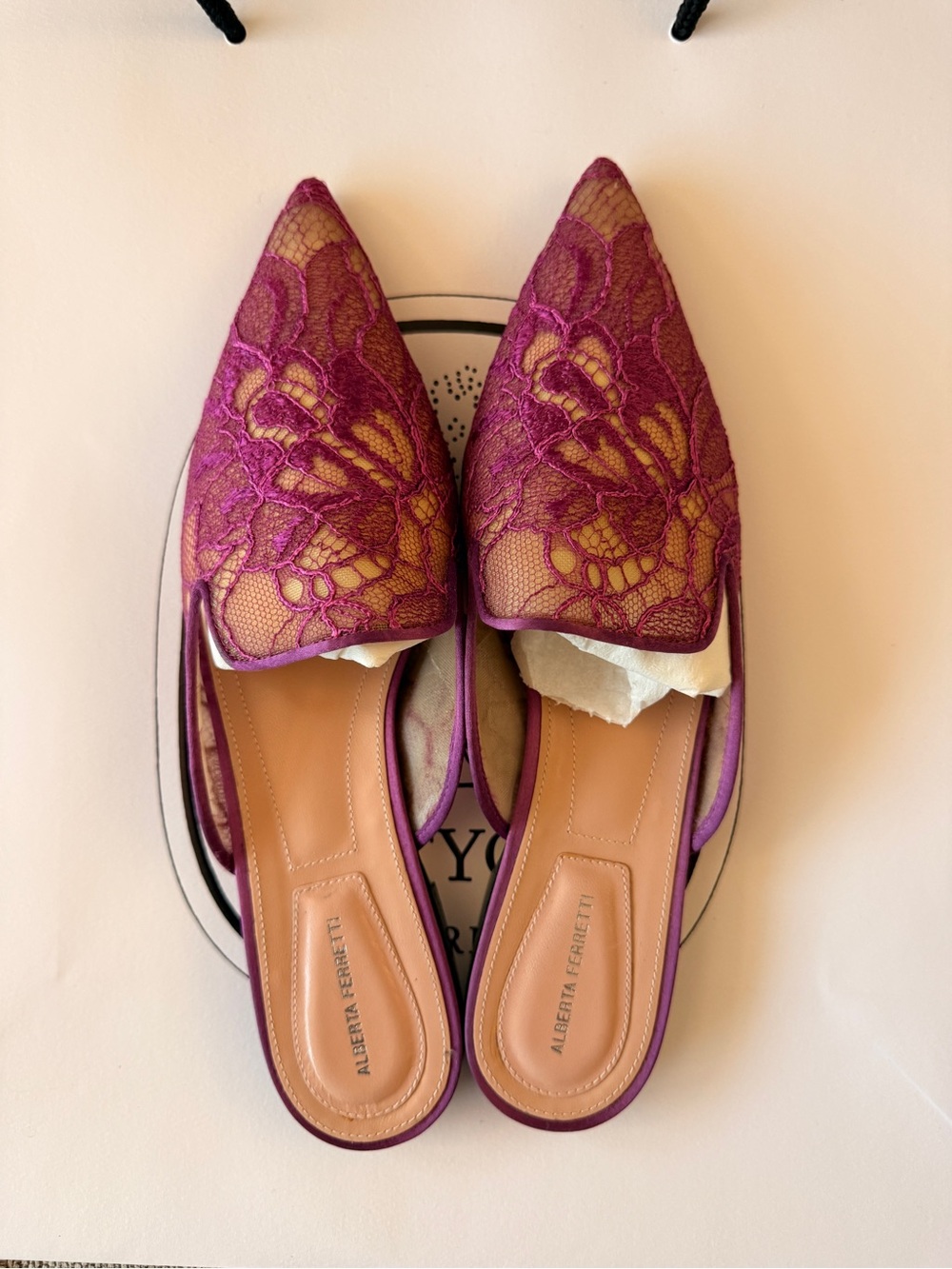 Alberta Ferretti Magenta Lace Pointed-Toe Slip-On Mules